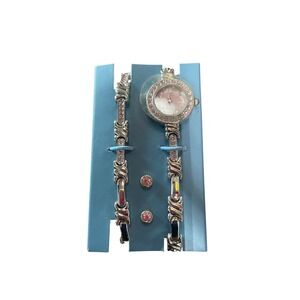 Avon 3-Piece Watch Jewelry Gift Set Silver Tone Pink Rhinestones‎ Earrings